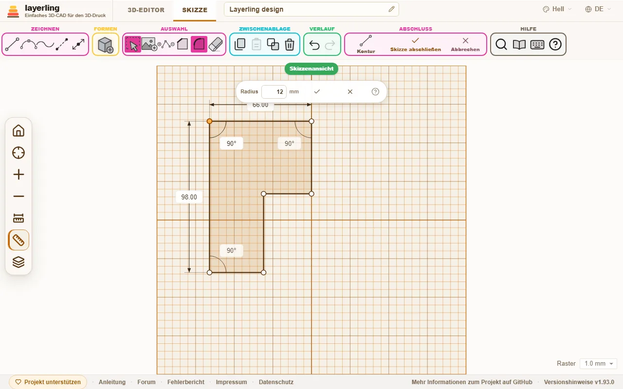 Die Ecke oben links wird mit 12 mm Radius verrundet.