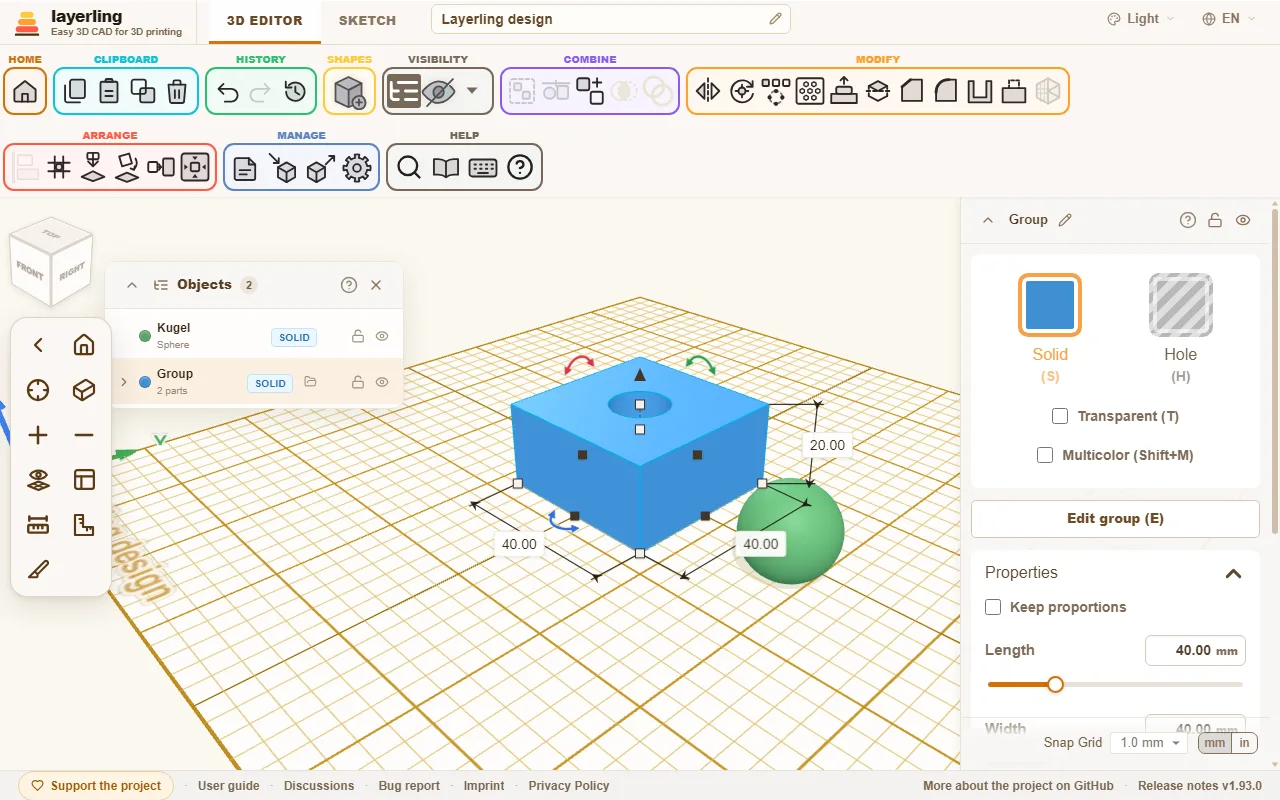The object list: the group "Group" with two parts and a sphere beside it. A folder icon opens the group.
