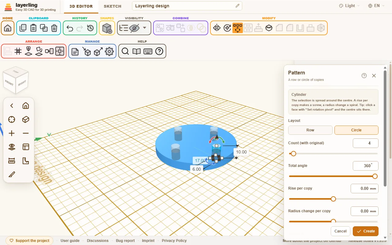 The pattern in "Circle" mode: the copies first appear as a preview.