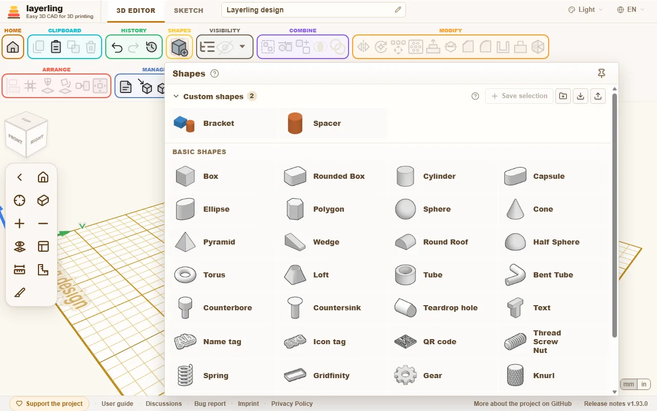 The shape library. Every little picture is rendered from the shape's real geometry.